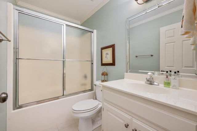 full bathroom featuring toilet, crown molding, tile flooring, oversized vanity, and shower / bath combination with glass door