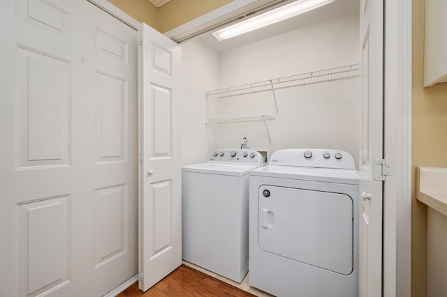 washroom featuring washer and clothes dryer, washer hookup, and light hardwood / wood-style floors