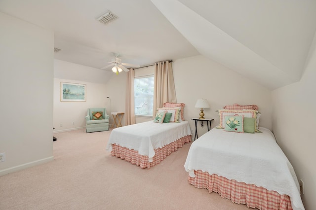 carpeted bedroom featuring ceiling fan and lofted ceiling