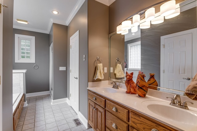 bathroom with crown molding, tile flooring, double sink, a bathing tub, and large vanity