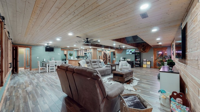 living room featuring light wood-type flooring, ceiling fan, and wood ceiling