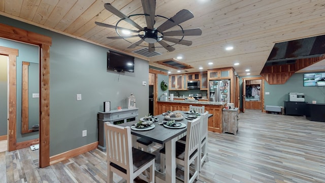 kitchen featuring ceiling fan, sink, appliances with stainless steel finishes, light hardwood / wood-style flooring, and wooden ceiling