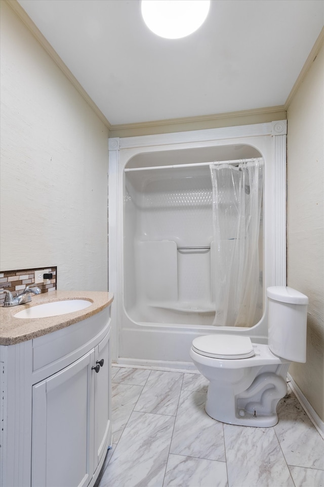 full bathroom with vanity, ornamental molding, shower / bath combo, and toilet