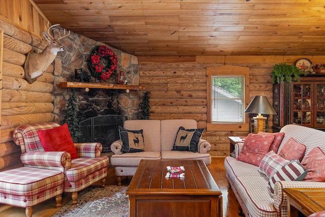 living room featuring lofted ceiling, wooden ceiling, a fireplace, and wood finished floors