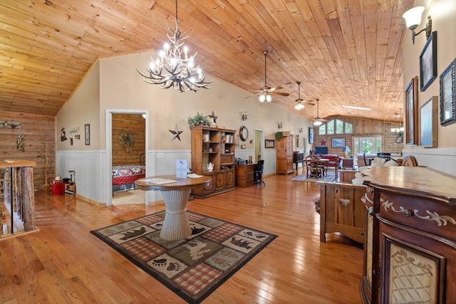 living area featuring wooden ceiling, a wainscoted wall, wood-type flooring, and high vaulted ceiling