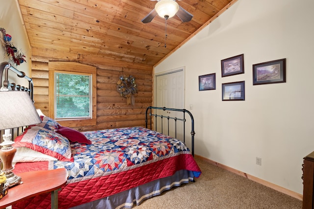 carpeted bedroom with rustic walls, wood ceiling, vaulted ceiling, ceiling fan, and baseboards