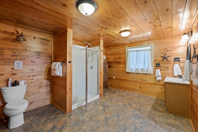 bathroom featuring wood ceiling, wooden walls, vanity, and a shower stall