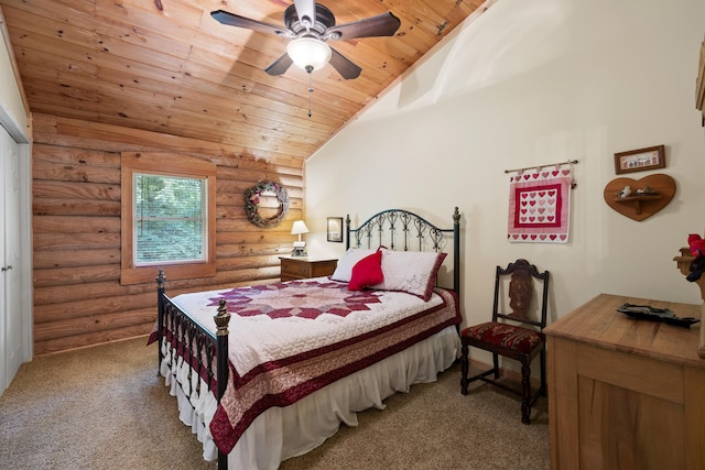 bedroom with wooden ceiling, ceiling fan, high vaulted ceiling, and light colored carpet