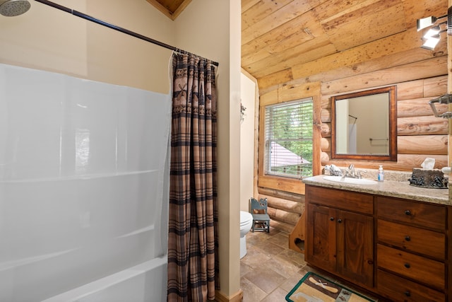 full bathroom featuring log walls, toilet, shower / bath combo, vanity, and wooden ceiling