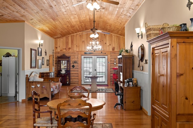 dining area with wood ceiling, wood finished floors, and wainscoting