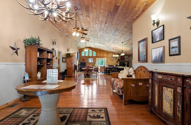 interior space with a wainscoted wall, wood ceiling, visible vents, and wood-type flooring