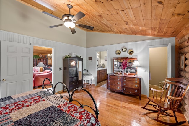 bedroom featuring ceiling fan, connected bathroom, wood ceiling, vaulted ceiling, and light wood-type flooring