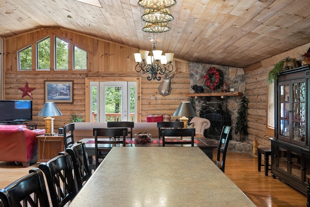 dining room featuring wood ceiling, vaulted ceiling, a notable chandelier, and wood finished floors