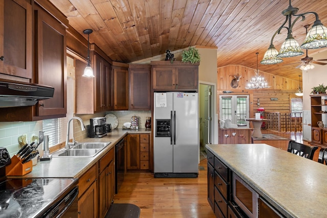 kitchen with hanging light fixtures, a sink, light wood-type flooring, wooden ceiling, and black appliances