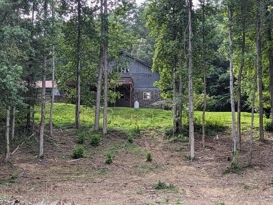 view of yard featuring a forest view