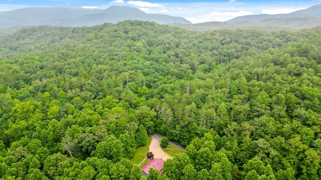 bird's eye view featuring a wooded view and a mountain view