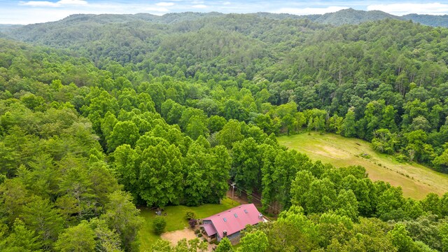 aerial view featuring a forest view and a mountain view