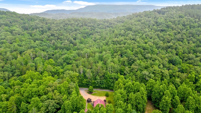 drone / aerial view with a mountain view and a view of trees