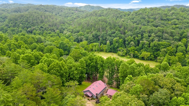 drone / aerial view featuring a forest view and a mountain view