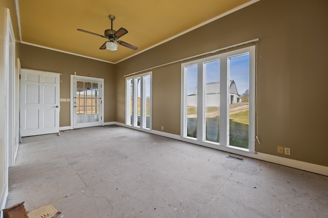 unfurnished room with plenty of natural light, ornamental molding, and ceiling fan