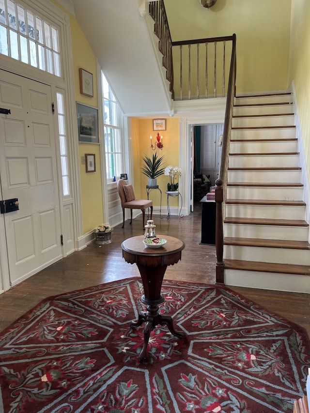 foyer entrance featuring a towering ceiling and dark wood-type flooring