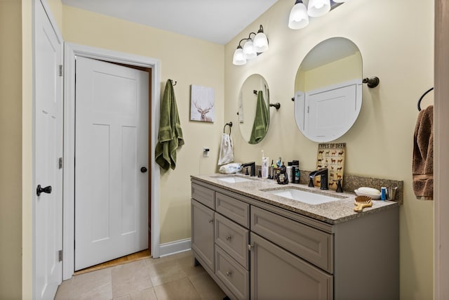 bathroom with tile floors and double vanity