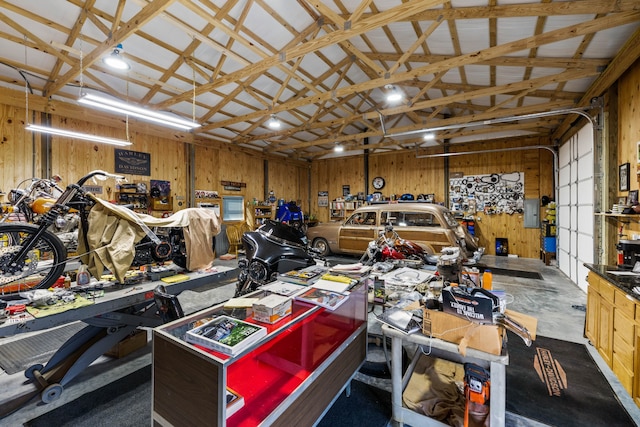 garage with a workshop area