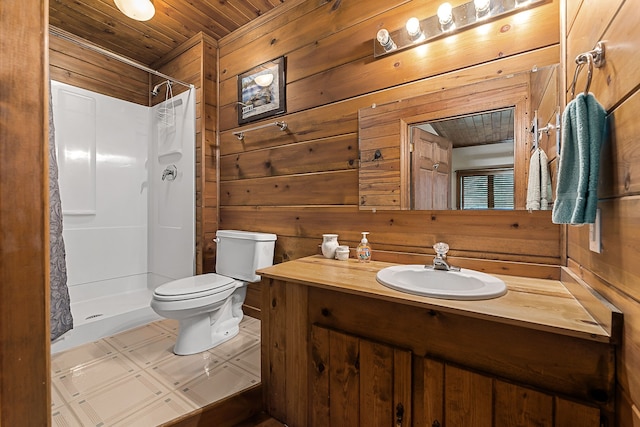 bathroom featuring wood walls, curtained shower, toilet, and wooden ceiling