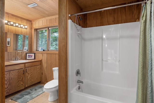 full bathroom with wood walls, toilet, shower / bath combo, vanity, and wooden ceiling