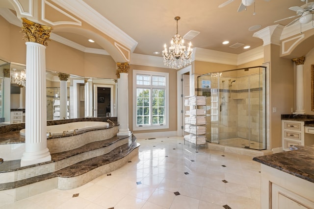 bathroom featuring independent shower and bath, decorative columns, tile floors, and ceiling fan with notable chandelier