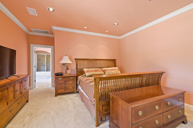 bedroom featuring ornamental molding and light colored carpet