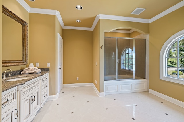 bathroom featuring combined bath / shower with glass door, vanity, tile floors, and crown molding