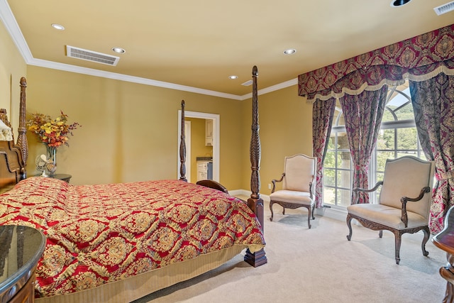 carpeted bedroom with crown molding