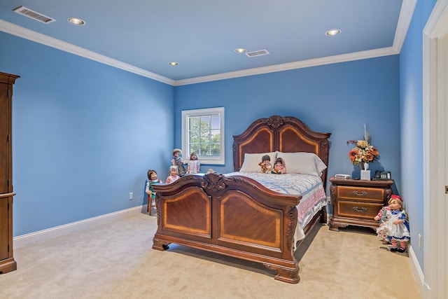 bedroom featuring light carpet and ornamental molding