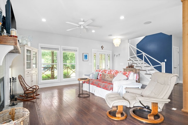 554 Hayes Ridge Rd, Indian Mound, TN 37079 - living room featuring french doors, plenty of natural light, dark hardwood / wood-style floors, and ceiling fan