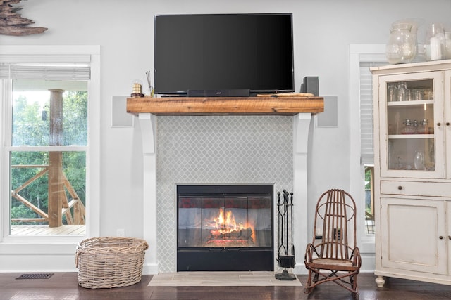 554 Hayes Ridge Rd, Indian Mound, TN 37079 - details featuring a tile fireplace and dark wood-type flooring