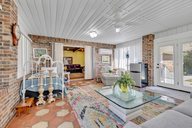 living room featuring brick wall, wood ceiling, ceiling fan, and a wall mounted air conditioner