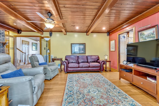 living room featuring wooden ceiling, ceiling fan, light hardwood / wood-style flooring, and beamed ceiling