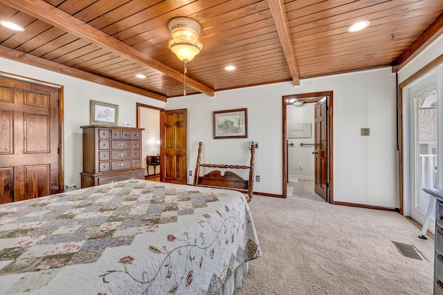 carpeted bedroom featuring wood ceiling, ceiling fan, ensuite bathroom, and beamed ceiling