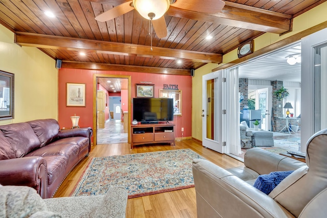 living room featuring wooden ceiling, ceiling fan, beamed ceiling, and light hardwood / wood-style floors