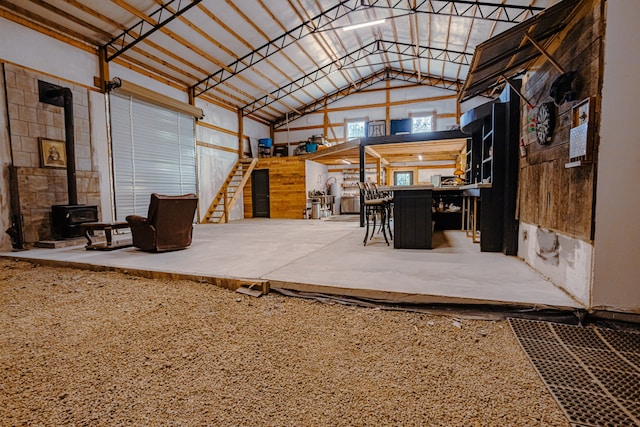 garage with a wood stove