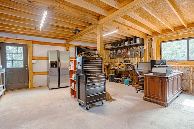 home office with a workshop area