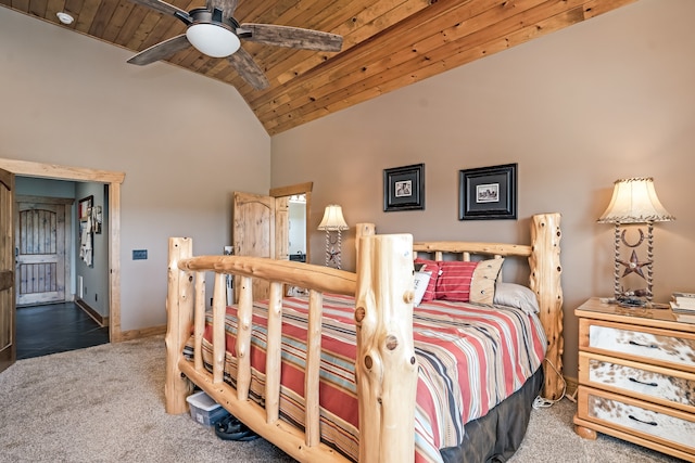 bedroom featuring wood ceiling, high vaulted ceiling, carpet, and ceiling fan