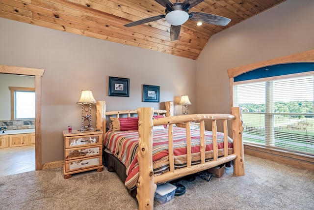 carpeted bedroom featuring wood ceiling, multiple windows, vaulted ceiling, and ceiling fan