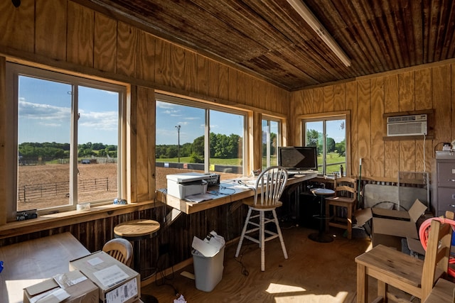 office area with wood walls, wooden ceiling, wood-type flooring, and plenty of natural light