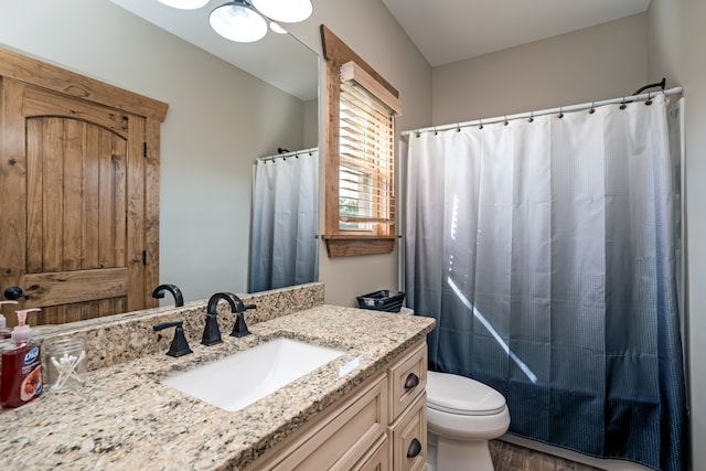 bathroom featuring vanity, wood-type flooring, toilet, and walk in shower