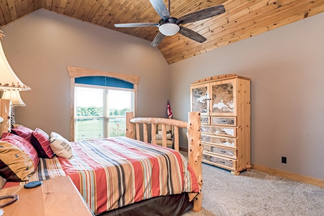 bedroom featuring lofted ceiling, carpet, wooden ceiling, and ceiling fan