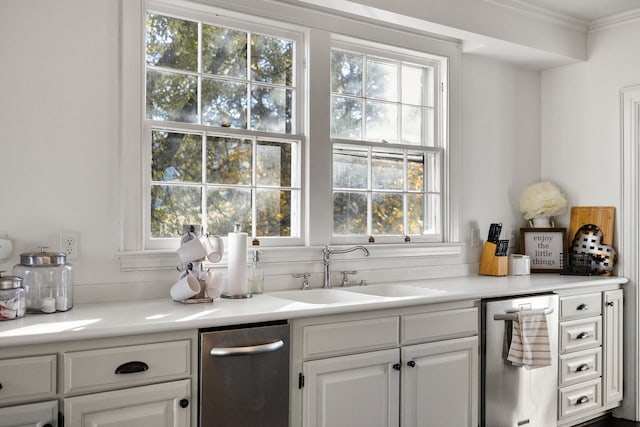 kitchen featuring crown molding, sink, white cabinets, and stainless steel dishwasher