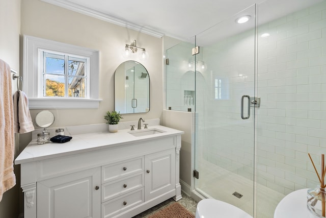 bathroom with walk in shower, toilet, and vanity