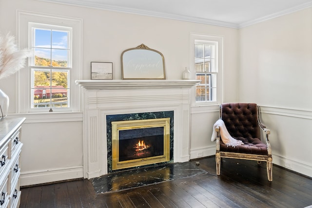 sitting room with dark hardwood / wood-style flooring and ornamental molding